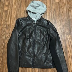 Calvin Klein * Black Faux Leather Vegan Grey Hoodie Jacket * Size Large.